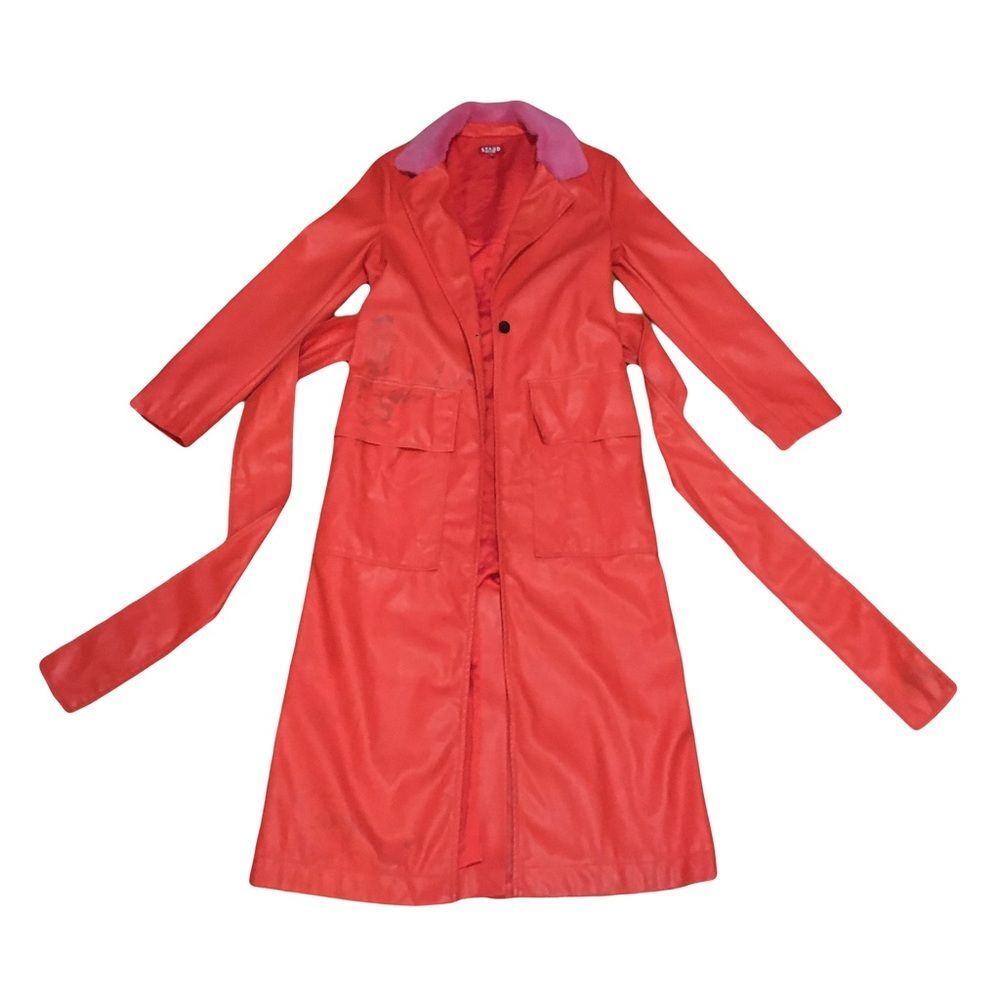STAUD Small Long Pleather Belted Trench Coat Jacket Orange & Pink pockets FLAWED